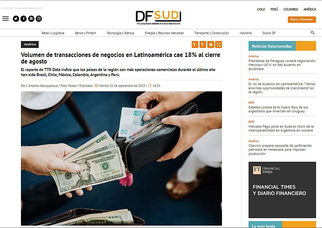 Volumen de transacciones de negocios en Latinoamrica cae 18% al cierre de agosto